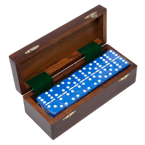 Marion & Co. Double Six Blue Dominoes with Spinners in Wood Box
