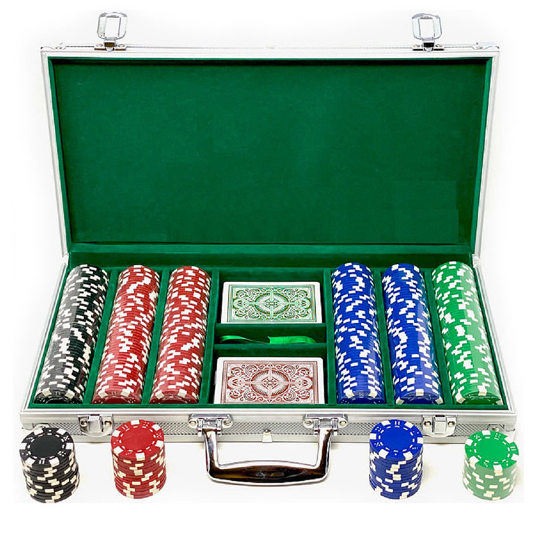 Kem Poker Chip Set: 300 11.5 Gram Dice Chips, Green and Brown Kem Arrow Decks in Aluminum Cas