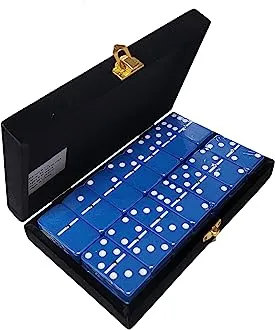 Marion Double 6 Blue Domino Set with Spinners in Velvet Box
