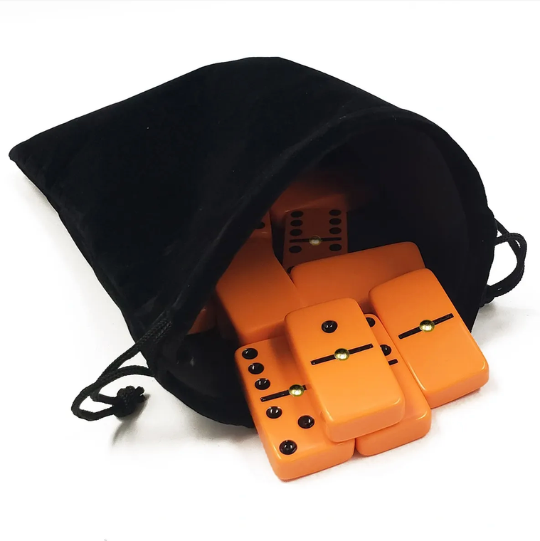 Marion Double 6 Orange Dominoes with Black Spots with Spinners in Black Velvet Bag