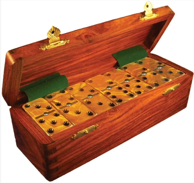 Marion Double 6 Gold Marblized Dominoes with Spinners in Wood Box