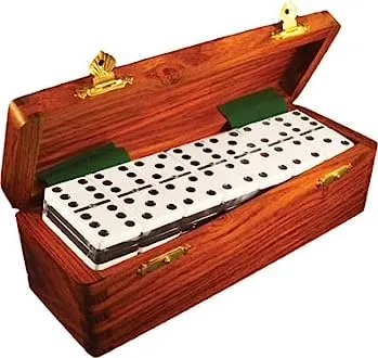 Marion Double 6 Two Tone Black / White Dominoes with Spinners in Wood Box