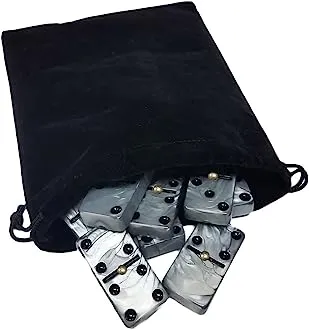 Marion Double 6 Silver Domino Set with Spinners in Black Velvet Bag Spinners in Elegant Black Velvet Bag