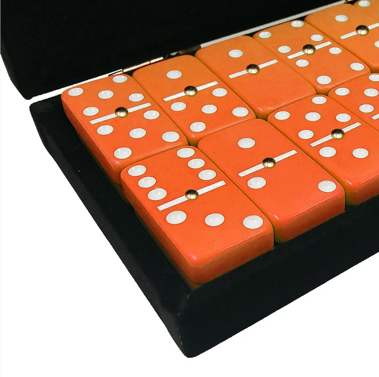 Marion Double 6 Orange Domino Set with White Spots in Velvet Box
