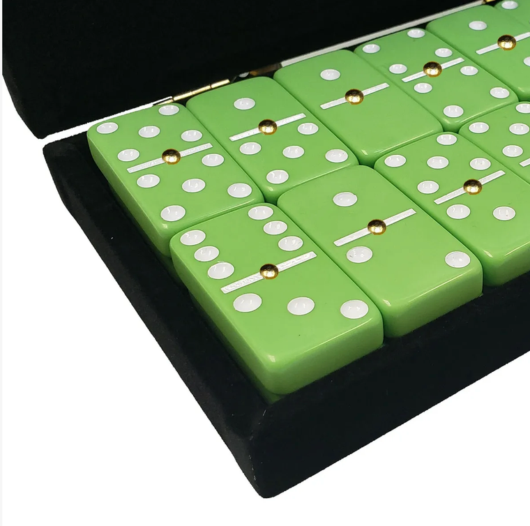 Marion Double 6 Lime Green Domino Set in Velvet Box