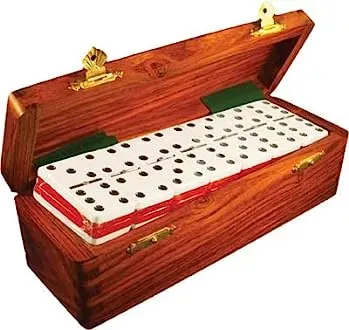Marion & Co. Double Six Two Tone Red / WhiteDominoes  with Spinners in Wood Box