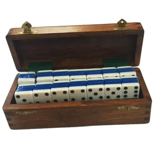 Marion & Co. Double Six Two Tone Blue / WhiteDominoes  with Spinners in Wood Box