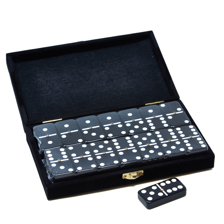 Marion & Co. Double Six Black Dominoes  with Spinners in Black Velvet Case