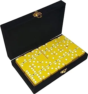Marion & Co. Double Six Yellow Dominoes White Spots with Spinners in Black Velvet Case