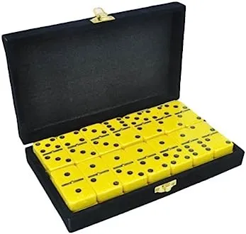 Marion & Co. Double Six Yellow Dominoes Black Spots with Spinners in Black Velvet Case