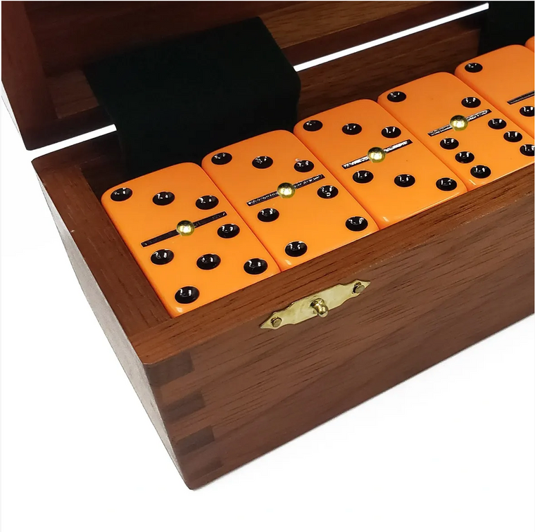 Marion & Co. Double Six Orange Dominoes withBlack SpotsSpinners in Wood Box