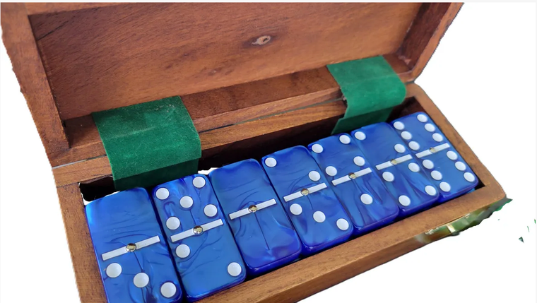 Marion & Co. Double Six Blue Marbleized Dominoes with Spinners in Wood Box