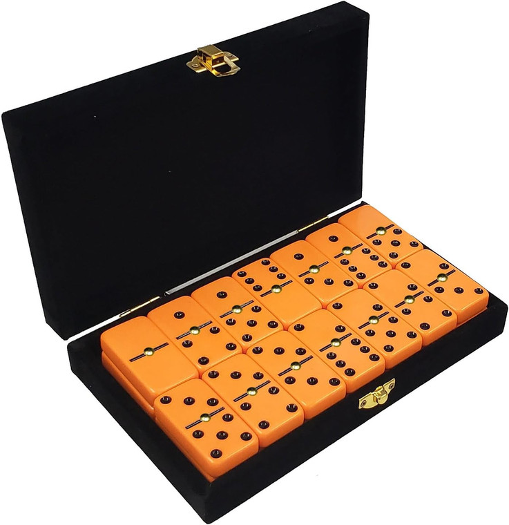 Marion Double 6 Orange Dominoes with Black Spots with Spinners in Elegant Black Velvet Case