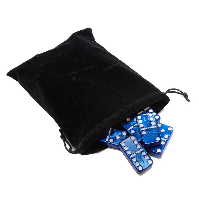 Marion & Co. Double Six Blue Marbleized Dominoes  with Spinners in Black Velvet Bag