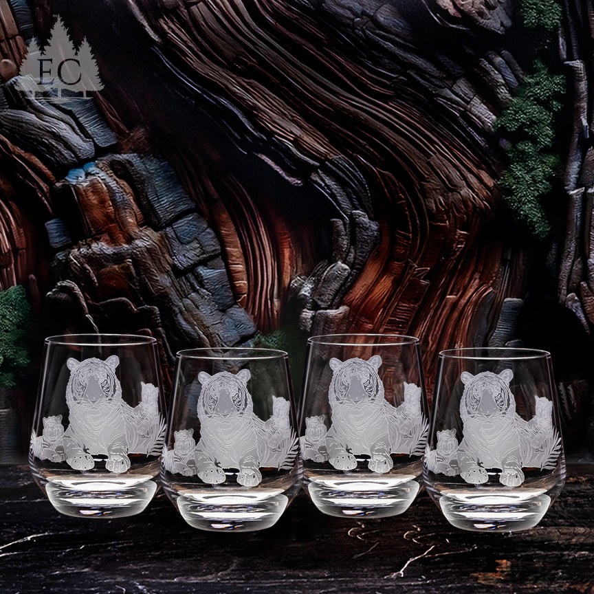 Tiger and Cubs Crystal Stemless Wine Glasses (Set of 4) - Wonders