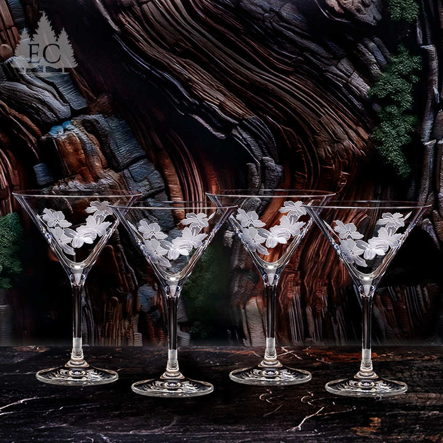 Chinese Jasmine Crystal Martini Glasses (Set of 4) - | Etched