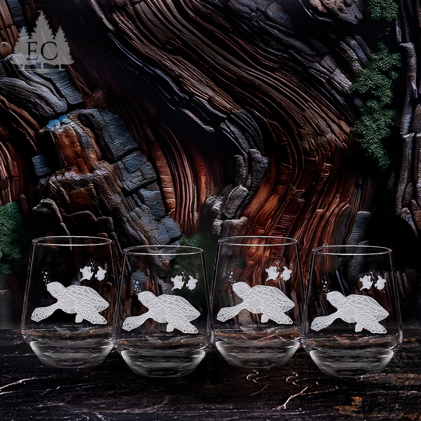 Sea Turtle Crystal Stemless Wine Glasses (Set of 4) - Wonders of
