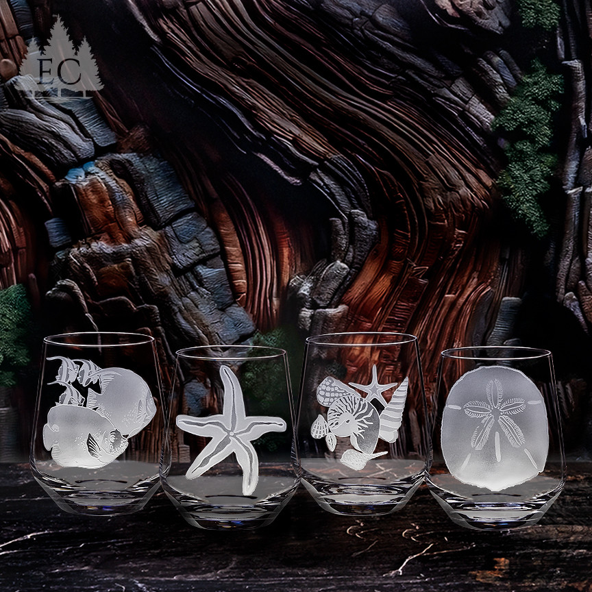 Seaside Crystal Stemless Wine Glasses (Set of 4) - Maritime