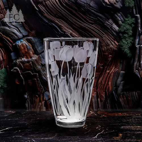Tulips Square Crystal Vase - Front