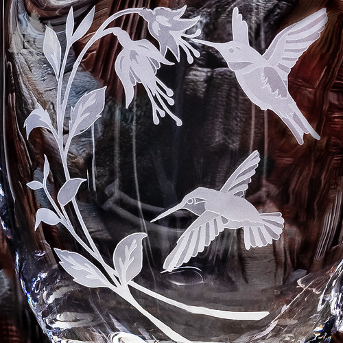 Hummingbird Fuchsia Footed Crystal Pitcher - Detail