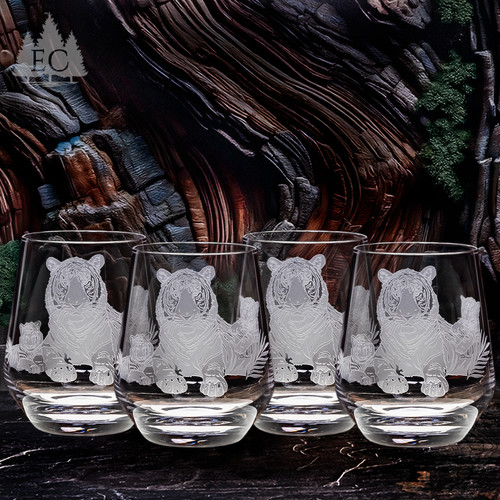 Tiger and Cubs Crystal Stemless Wine Glasses, Set of 4