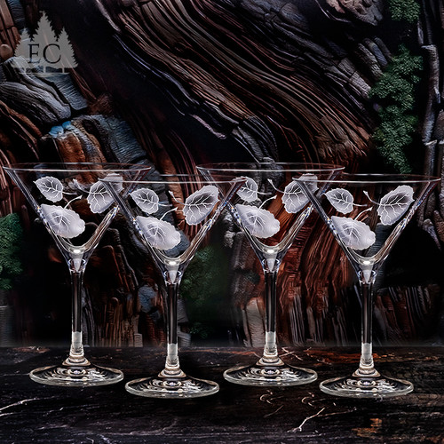 Aspen Leaves Crystal Martini Glasses, Set of 4