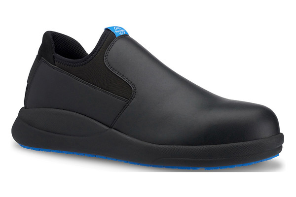 WearerTech Vitalise Black Work Shoe Slip On With Safety Toe Cap and Non Slip Sole Angle View
