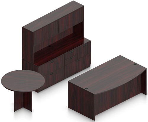 Offices To Go Layout SL-21, Bow Front Desk & Credenza with Hutch and Round Table