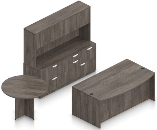 Offices To Go Layout SL-21, Bow Front Desk & Credenza with Hutch and Round Table