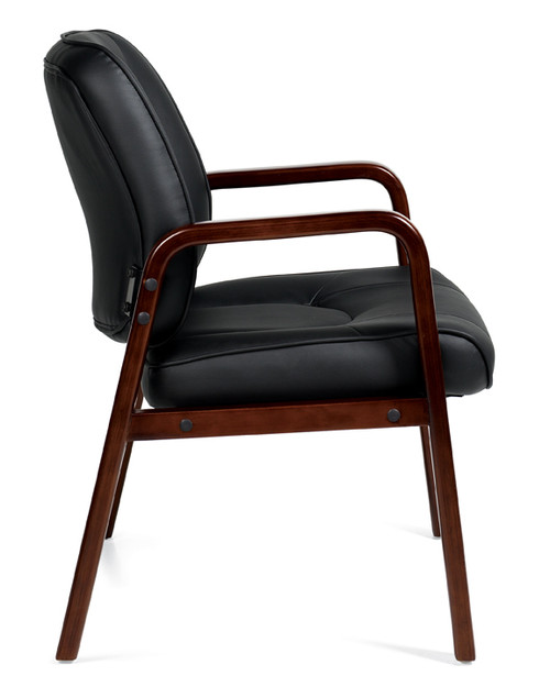 OFFICES TO GO-Stack & Guest Seating-Guest chair with wood accents. Black Luxhide, black epoxy powder coated steel frame. OTG11770BCX