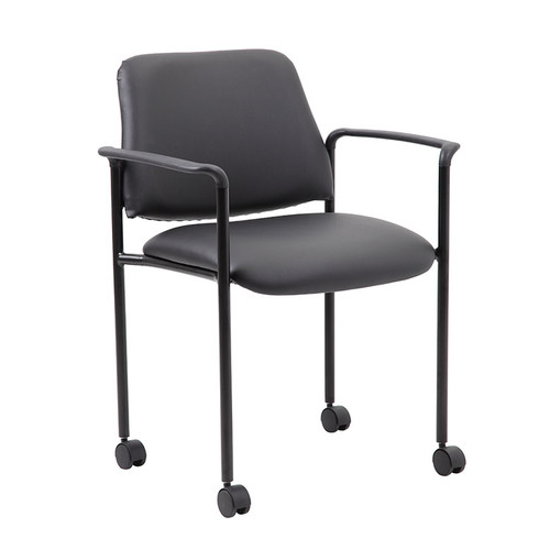 Boss Square Back Diamond Stacking Chair with Arm and Casters In Black Caressoft