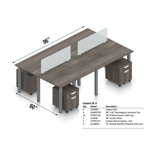 Offices To Go Layout SL-5, 60" x 96" 4-Pod Workstation