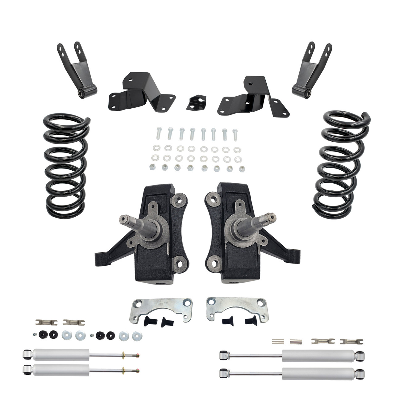 88-98 Chevy GMC C1500 V6 3"/3"-4" Drop STD & EXT CAB SPNDL+COIL+HNGR+SHKL+SHOCKS (No Track Width Cha