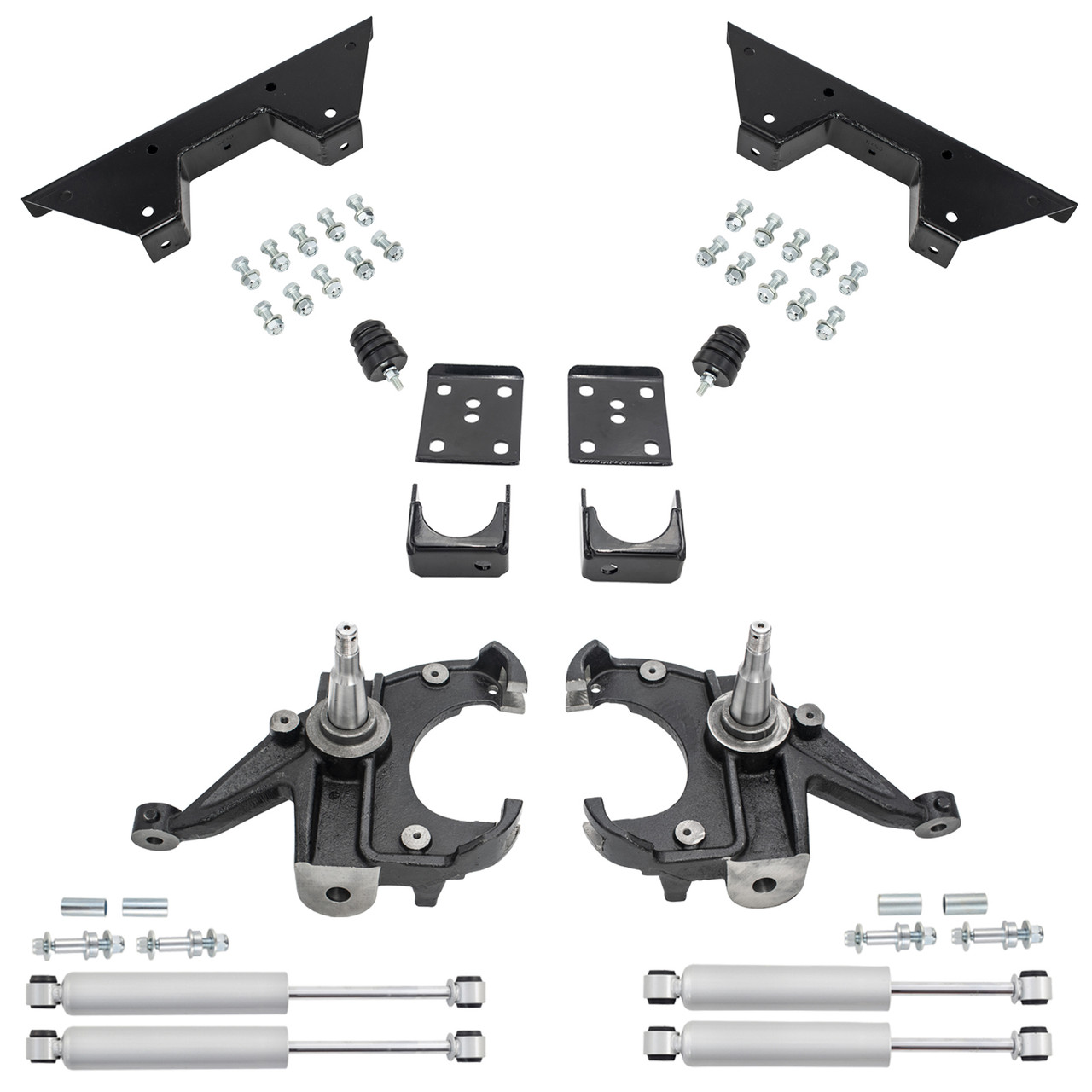 3/6 Spindle Drop Kit + Rear Shocks + C-Notch FOR 73-87 Chevy GMC C10 1" Rotors