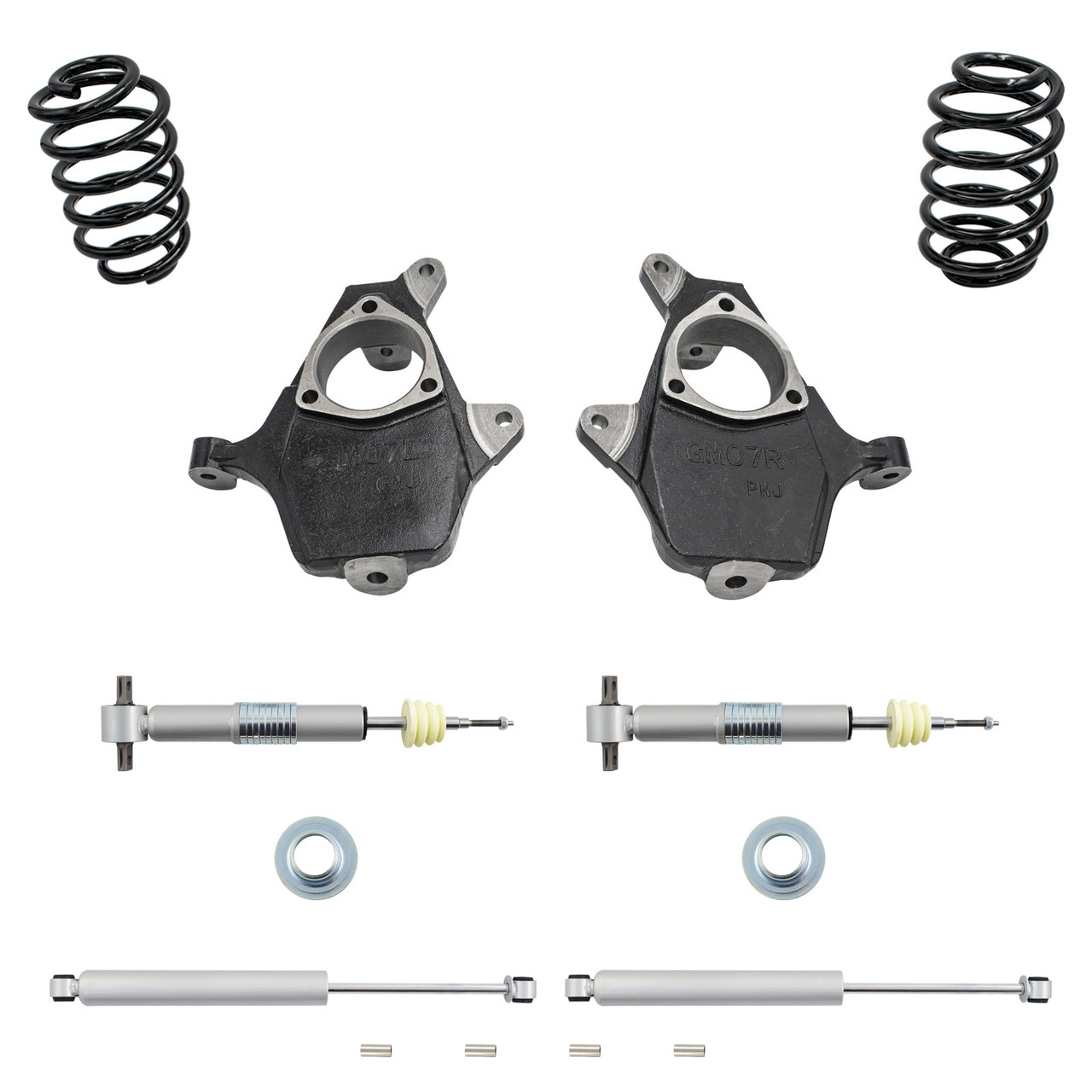 3-4/3 07-14 GM SUV Spindle + Adjustable Strut Drop Kit + Rear Shocks