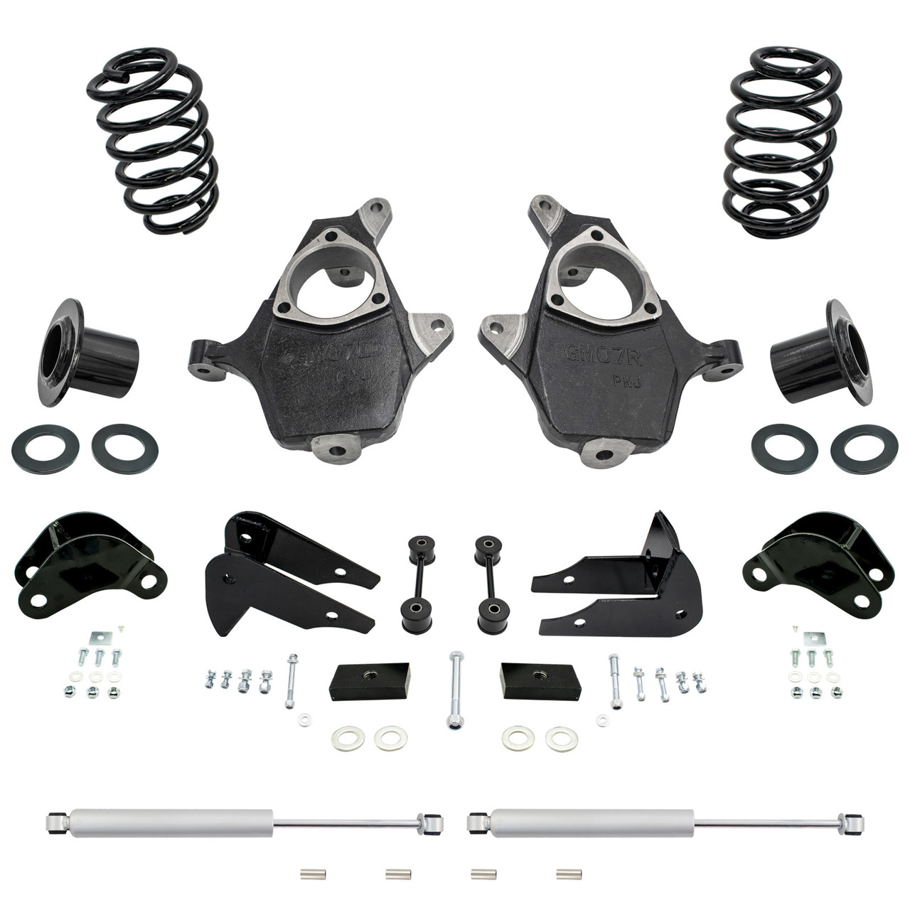 3-4/5 07-14 GM SUV Spindle + Coil Relocator Drop Kit + Rear Shocks + Extenders