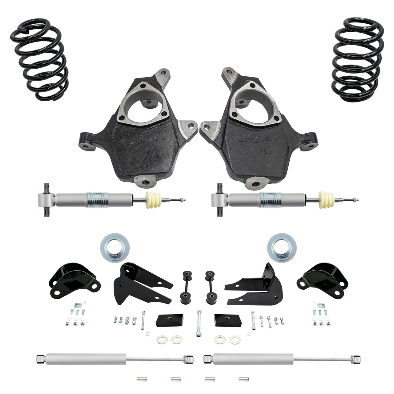 3-4/6 07-14 GM SUV Spindle + Adjustable Strut Drop Kit + Rear Shocks + Extenders