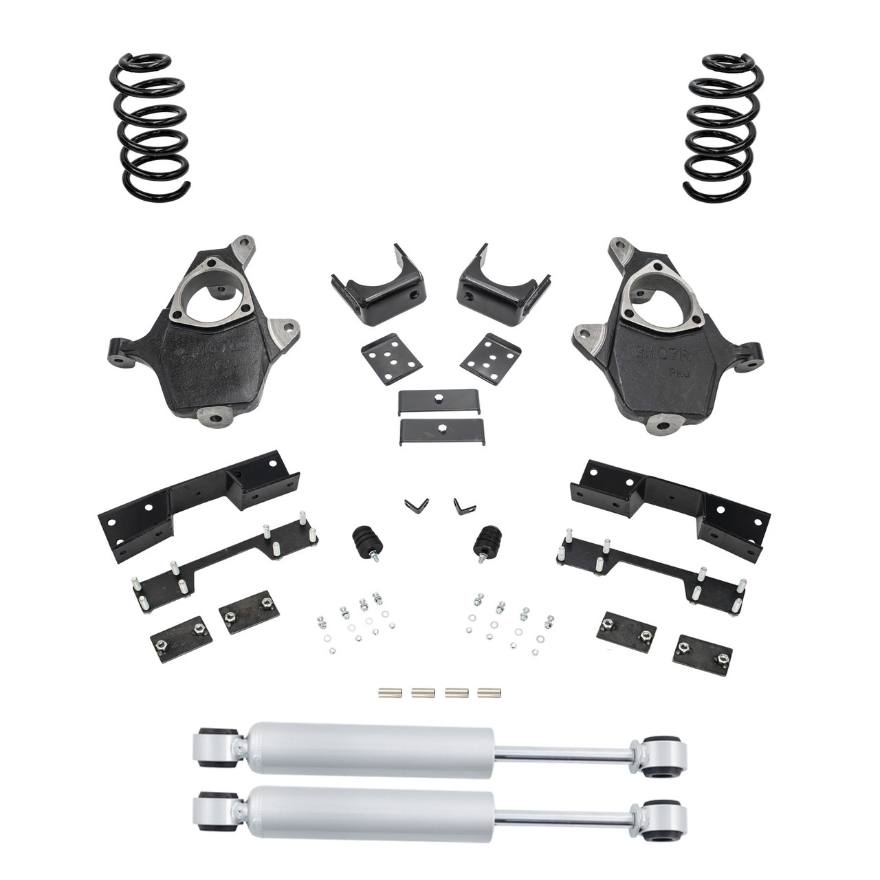2007-2013 Silverado / Sierra 1500 V6 4/7 Lowering Kit - Spindles + Coils + Rear Shocks + C-Notch