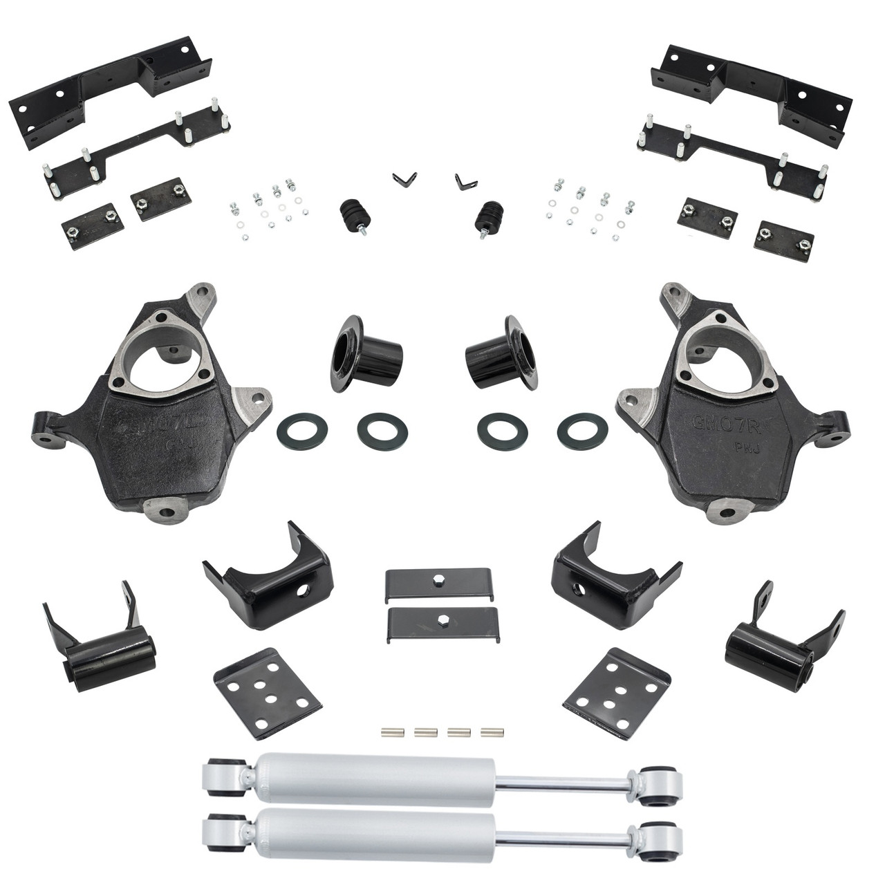 2014-2016 Silverado / Sierra 1500 3-4/6 Lowering Kit - Spindles + Relocators + Shocks + C-Notch - Ca