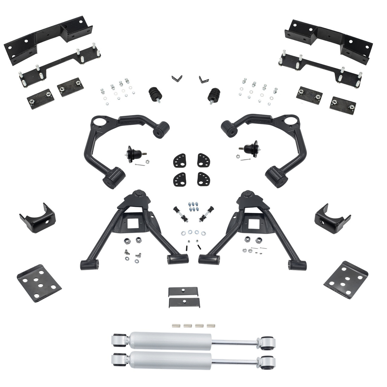 2014-2016 Silverado / Sierra 1500 4/7 Lowering Kit - Control Arms + Rear Shocks + C-Notch - Cast Ste