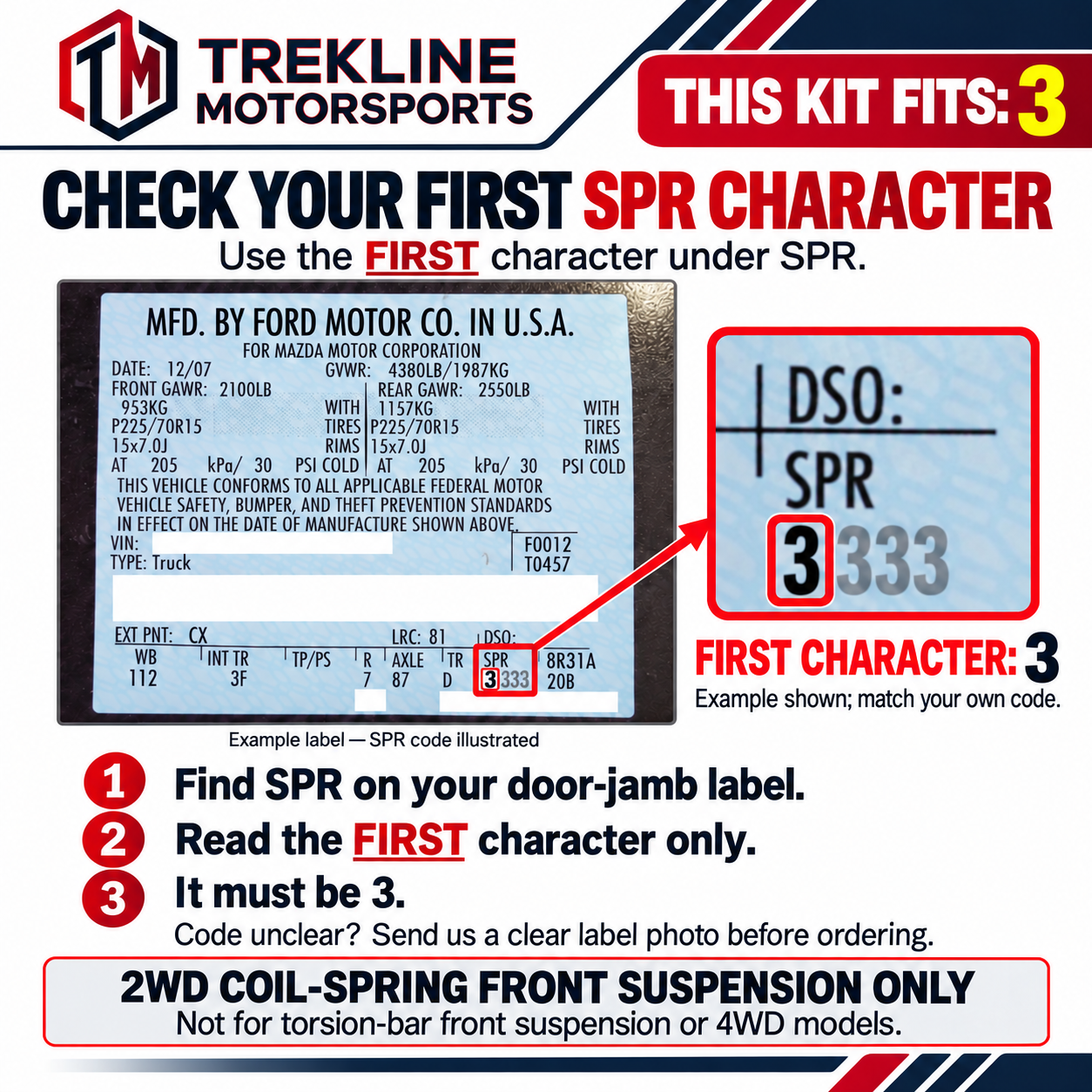 Check the FIRST SPR character on the factory door label