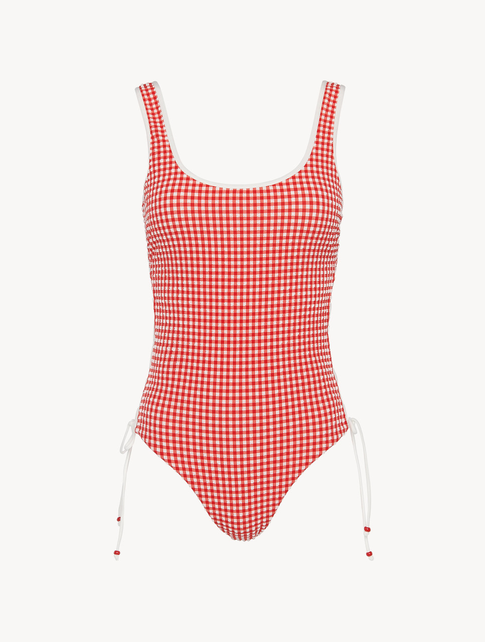 red and white gingham swimsuit