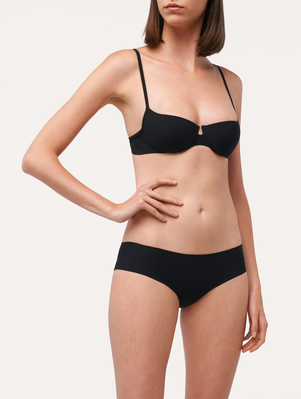 Black underwired balconette bra with Leavers lace trim