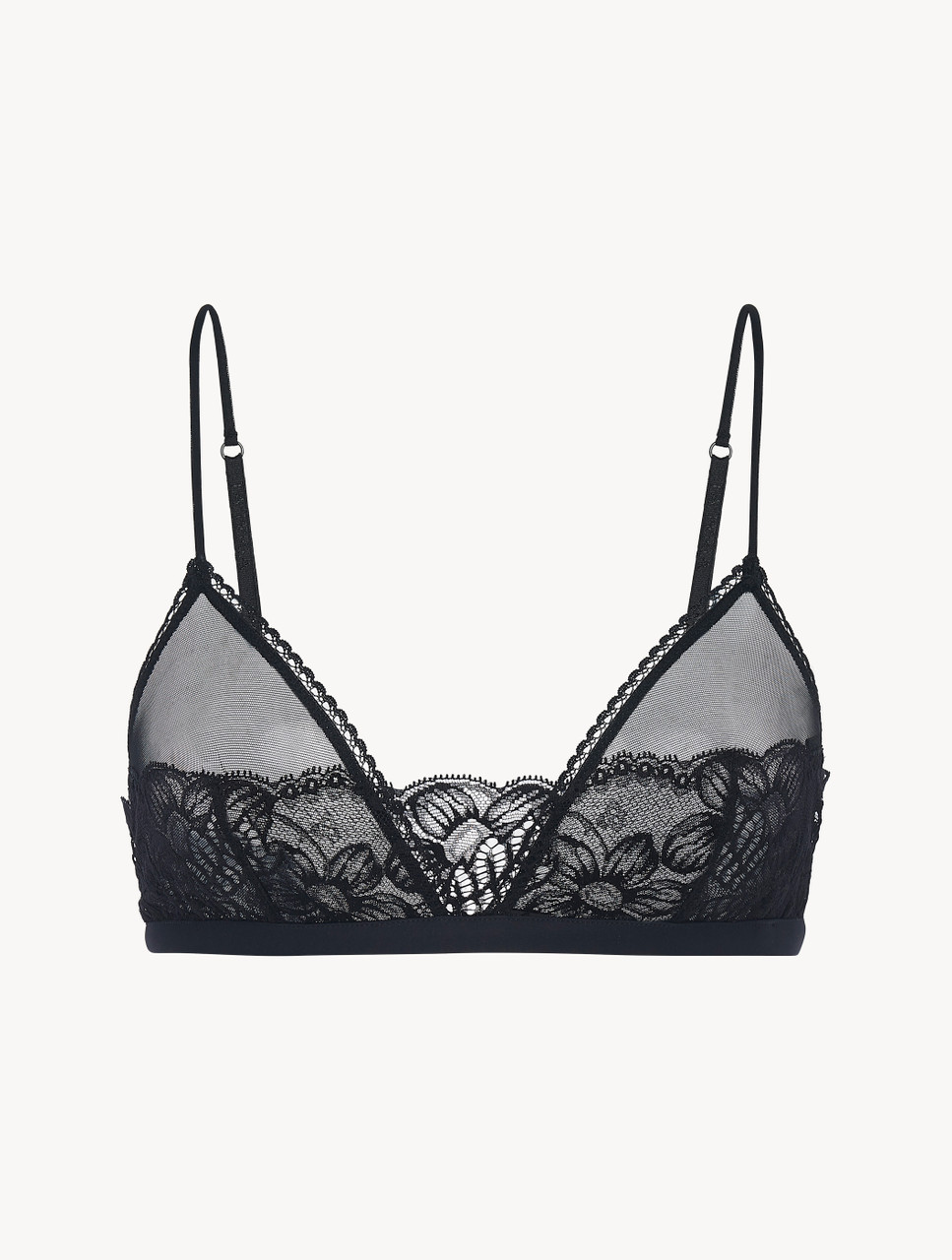 Non-wired Triangle Bra in black Lycra with Leavers lace