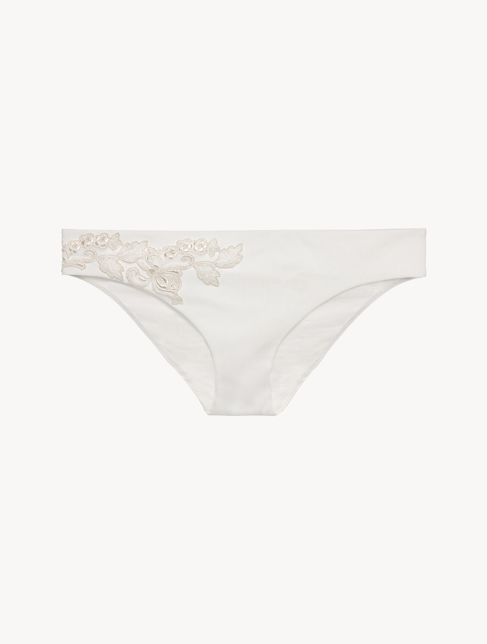 Mid-rise Bikini Briefs in off-white with ivory embroidery - La
