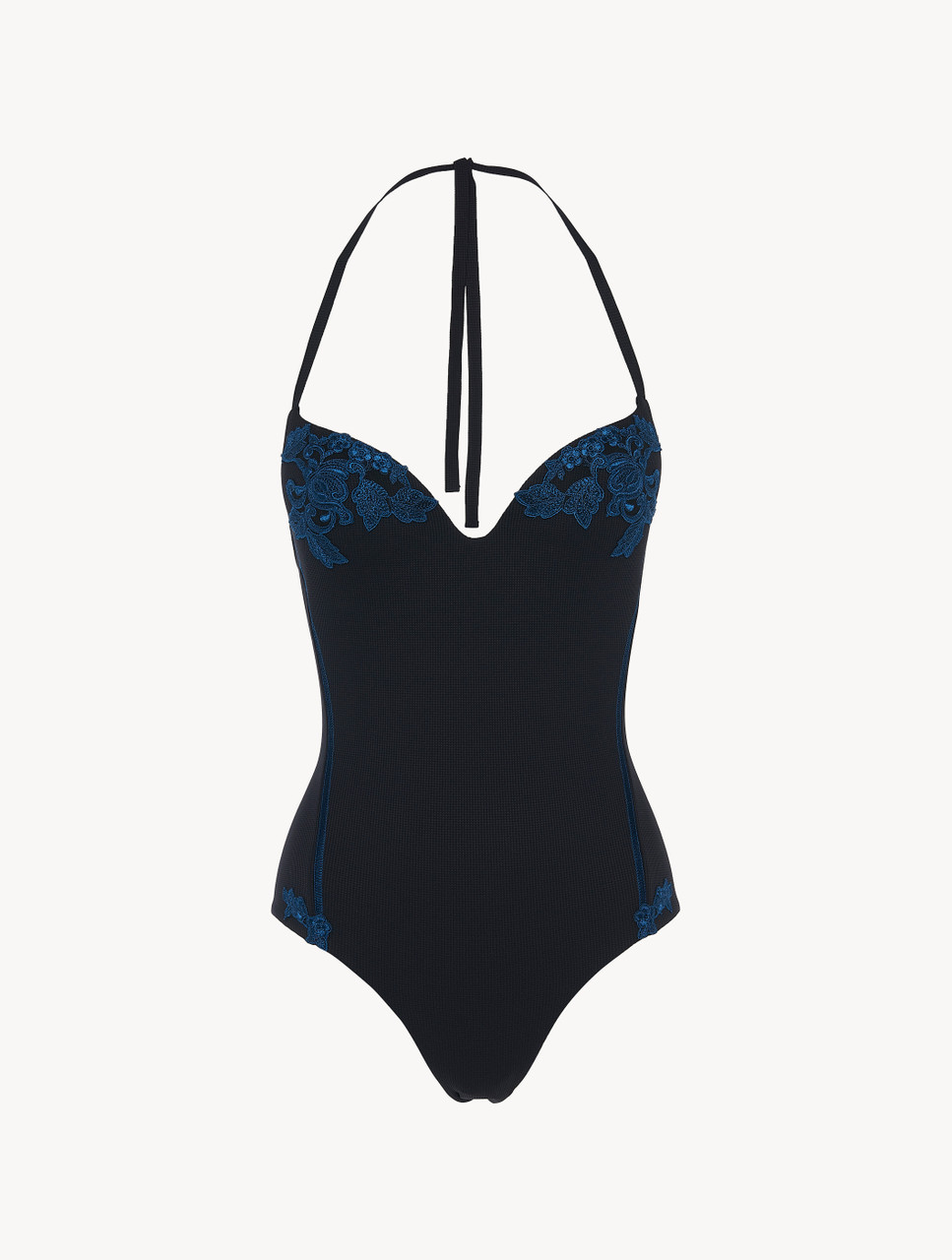 Swimsuit in black with dark blue embroidery and tulle - La Perla