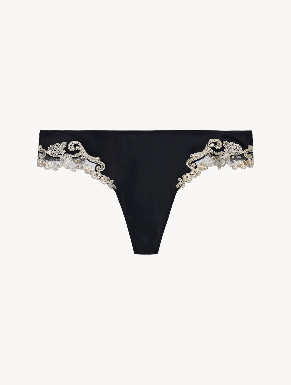 Black silk satin thong with ivory