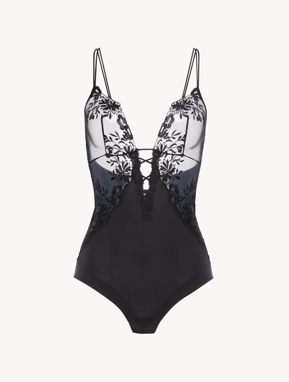 Bodysuit in black Lycra with embroidered tulle