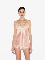 Powder pink silk sleep shorts with frastaglio_4