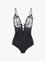 Bodysuit in black Lycra with embroidered tulle_0